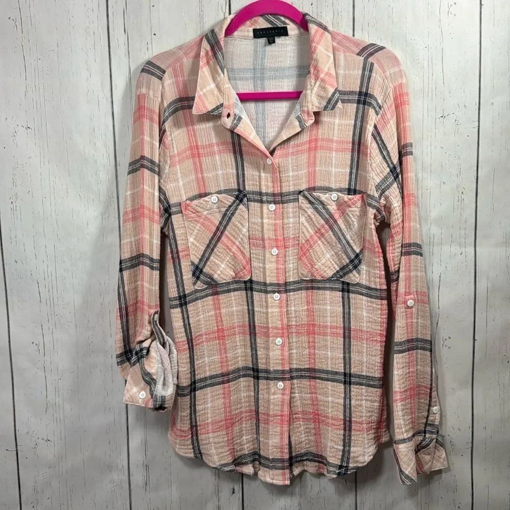 Sanctuary Pink Plaid Button Front Shirt XL Boho Coastal Grandmother Gauze Casual